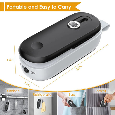 Super Slick Mini Heat Sealer With Built In Cutter That Reseals Chip Bags Smoothly Keeps Snacks Fresh Without The Mess Just Press Slide And Go For A Total Game Changer In Your Kitchen, portable design with measurements, hanging options shown.