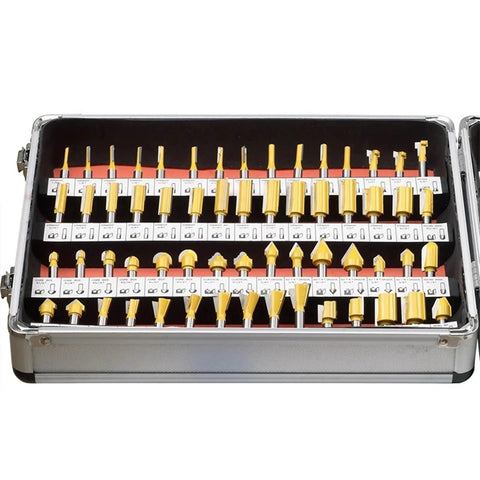 Deadly Sharp 100 Piece 1/4 Inch Shank Router Bit Set Tungsten Carbide Woodworking Milling Cutters in aluminum case.