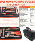 Non-Sparking 16 Piece Tool Set With Beryllium Copper Tools Built Tough For Pros Includes Slotted And Phillips Screwdrivers, adjustable wrenches, claw hammer, pliers, shears, knife, crate opener and more die forged corrosion resistant DIN standard in foam case with specs chart.