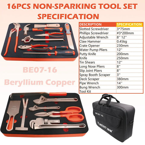 Non-Sparking 16 Piece Tool Set With Beryllium Copper Tools Built Tough For Pros Includes Slotted And Phillips Screwdrivers, adjustable wrenches, claw hammer, pliers, shears, knife, crate opener and more die forged corrosion resistant DIN standard in foam case with specs chart.