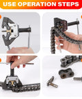 Roller Chain Detacher Tool For 420 428 520 525 530 630 Chains in use showing step-by-step operation on a roller chain
