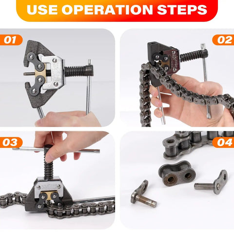 Roller Chain Detacher Tool For 420 428 520 525 530 630 Chains in use showing step-by-step operation on a roller chain