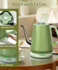 Gooseneck Electric Kettle 0.8L With 1200W Quick Boil, Stainless Steel, Auto Shut Off, Precision Pour Over Kettle For Coffee Nerds And Tea Lovers, Perfect For Small Kitchens, RVs And Travel, Green on a table