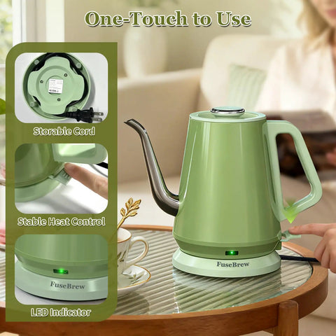 Gooseneck Electric Kettle 0.8L With 1200W Quick Boil, Stainless Steel, Auto Shut Off, Precision Pour Over Kettle For Coffee Nerds And Tea Lovers, Perfect For Small Kitchens, RVs And Travel, Green on a table