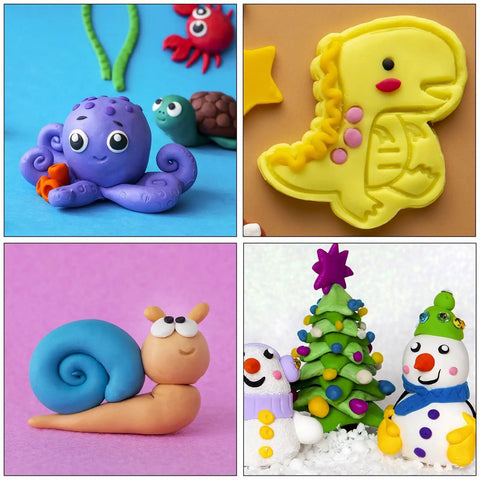 Polymer Clay Starter Kit With 82 Colors, 100 Pc Value Pack In Individually Wrapped Blocks, models of animals and snowmen.