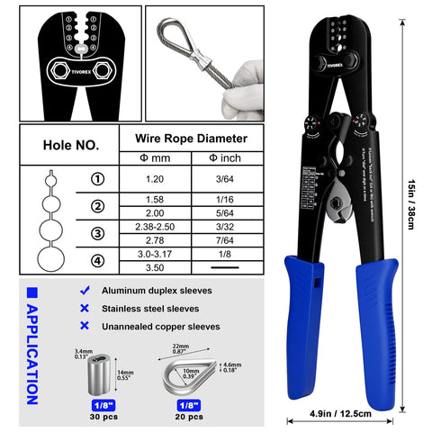 Wire Rope Crimping Tool Kit With Built In Cutter And Swaging Tool Pro Grade Crimp Loop Sleeve From 3 64 Inch To 1 8 Inch