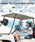 All Day Cool On The Go Clip On Fan With 10000mAh Battery 8 Inch Blade USB Powered Four Speed Settings Strong Airflow on golf cart