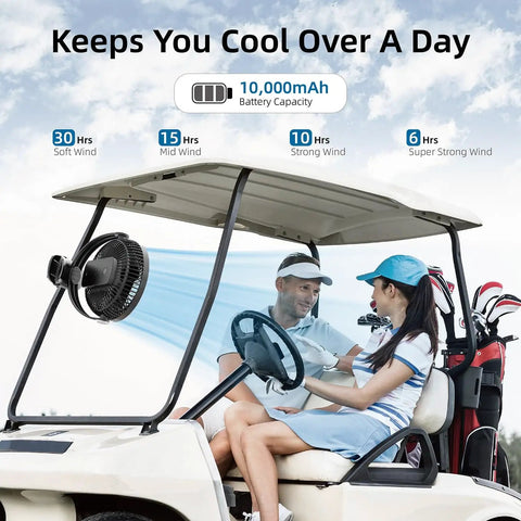 All Day Cool On The Go Clip On Fan With 10000mAh Battery 8 Inch Blade USB Powered Four Speed Settings Strong Airflow on golf cart