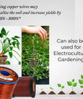 16 AWG Enameled Copper Wire For Motors And Transformers with electroculture gardening use, showing spool and plant installation.