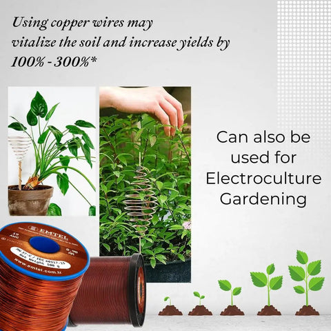 16 AWG Enameled Copper Wire For Motors And Transformers with electroculture gardening use, showing spool and plant installation.
