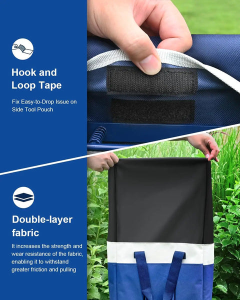 Close-up of garden kneeler tote bag, showing hook and loop tape and double-layer fabric with blue and black design.