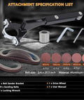 Heavy Duty Angle Grinder Belt Sander Attachment With 5/8 Inch 11 Thread Steel Aluminum Jaw Rig Built For Weld Prep Rust Off And Wood Sanding Comes Stacked With 20 Grit Belts, with specifications and sanding belts.