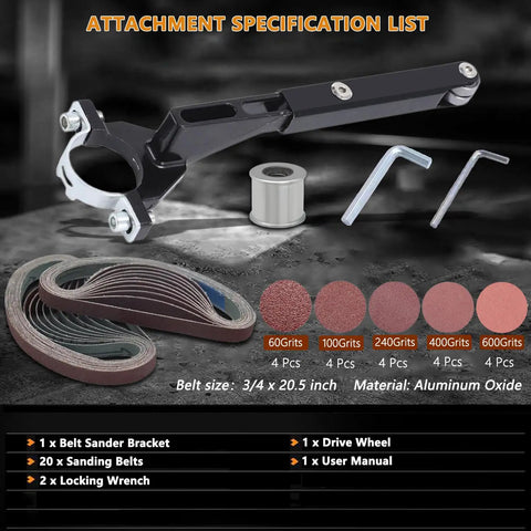 Heavy Duty Angle Grinder Belt Sander Attachment With 5/8 Inch 11 Thread Steel Aluminum Jaw Rig Built For Weld Prep Rust Off And Wood Sanding Comes Stacked With 20 Grit Belts, with specifications and sanding belts.