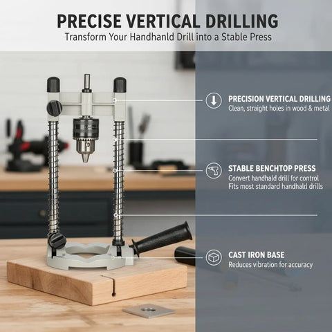 Turn Your Handheld Drill Into a Rugged Benchtop Press With a Cast Iron Base and Aluminum Column For Precise Vertical Drilling display