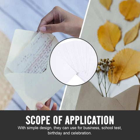 Thick White Blank Letter Envelopes 230x120mm Bulk Pack of 100 shown with usage ideas and application scope.