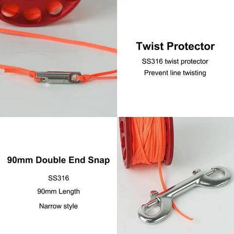 98ft Diving Finger Reel With Line And Snap For Scuba Wreck Cave Tech Diving Snorkeling Kayak Anchor And Surface Marker Buoy Compact Aluminum Reel Ready To Roll, close-up of SS316 snap and twist protector.