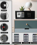Digital Keypad Safe Lock Box 0.6 Cu Ft Steel Deposit Safe for Home Office, displayed on a cabinet, with button features highlighted.