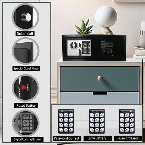 Digital Keypad Safe Lock Box 0.6 Cu Ft Steel Deposit Safe for Home Office, displayed on a cabinet, with button features highlighted.