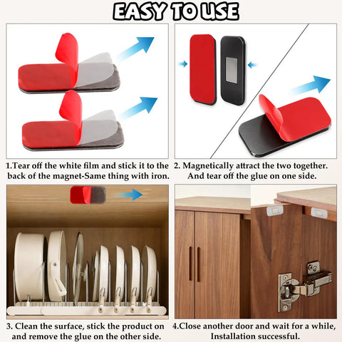 Step-by-step installation of Ultra Thin Magnetic Cabinet Magnets For Smooth Closure 24 Pack With Adhesive Backing, showing adhesive application and magnetic closure on wooden cabinets.