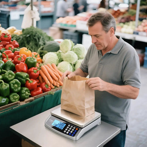 Man using Beefy 110 Pound Food Scale With Price Computing For Kitchen Cooking And Industry 1 Gram Increments 304 Stainless Steel