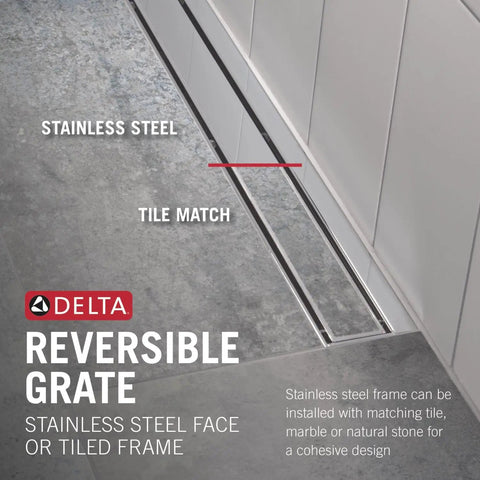 36 Inch Reversible Linear Shower Drain In Stainless Steel With Hair Catcher And Leak Resistant Seal For No Sweat Install, showing a stainless steel face and tile match.