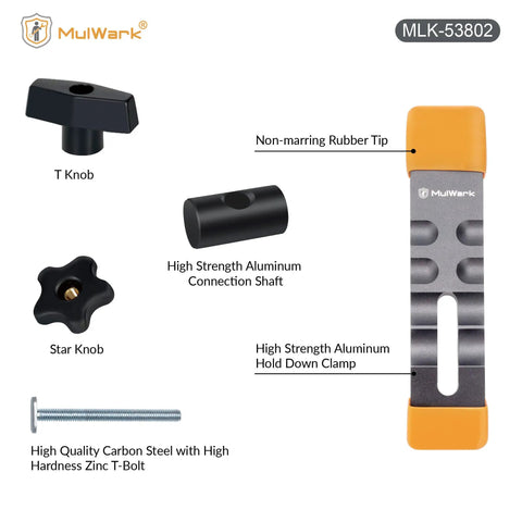 Heavy Duty T Track Hold Down Clamps Set No Fuss Quick Change Design For Woodworking, 2 Pack with labeled clamp parts
