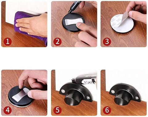 Steps showing installation of Stunning Red Bronze Hidden Magnetic Door Stop That Keeps Floors Clean And Slams At Bay For Homes, Hotels, And Offices With Nail-Free Installation.