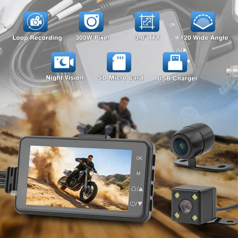 Dual 1080P Waterproof Bike Dash Cam With 3 Inch Screen, Night Vision, Front And Rear HD Recording system installed on motorcycle.