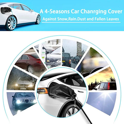 Top Tier EV Charger Plug Cover With Tight Magnetic Seal Waterproof Outer Shell Blocking Rain Sun UV And Snow Hella Durable Polyester Fabric Keep Your Gear Safe In Black on a car.