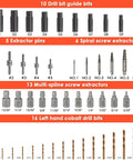 Contents of 55 Piece Screw Extractor Kit For Removing Broken Or Stripped Screws, Bolts, Studs And Lugs With Left Hand Drill Bits