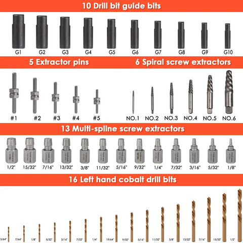 Contents of 55 Piece Screw Extractor Kit For Removing Broken Or Stripped Screws, Bolts, Studs And Lugs With Left Hand Drill Bits