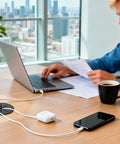 Heavy Duty 2 Inch Desk Grommet Kit With Eight Black Hole Covers And Cobalt Hole Saw To Ditch Tangled Cords And Keep Your Home Office Workspace Looking Slick And Super Organized; workspace with laptop, phone, and workspace organizer.