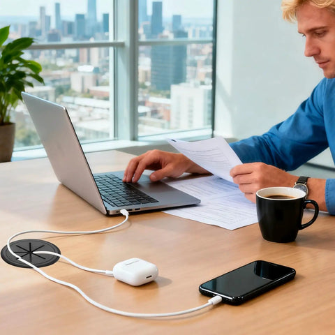 Heavy Duty 2 Inch Desk Grommet Kit With Eight Black Hole Covers And Cobalt Hole Saw To Ditch Tangled Cords And Keep Your Home Office Workspace Looking Slick And Super Organized; workspace with laptop, phone, and workspace organizer.