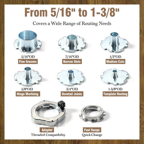 8 Piece Router Template Guide Bushing Kit With Dovetail And Hinge Jigs For Smooth Woodworking Edge Trimming Compatible With Bosch Models Giving You Zero Sweat Precision Daily, with metal bushings from 5/16" to 1-3/8".
