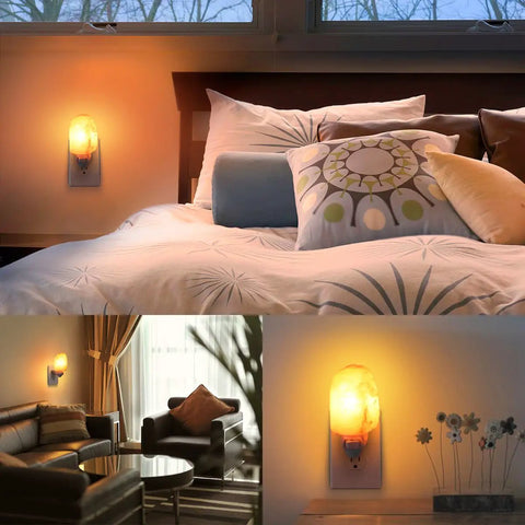 Upgraded Natural Himalayan Crystal Salt Lamp Set With 4 Bulbs For A Cozy Lit Glow Mini 11.2 Oz in bedroom and living room wall decor.