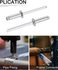 Aluminum Blind Rivets Silver Pop Rivet Kit 50 Pieces M5x13mm for DIY Projects shown in application for pipe fixing and frame connecting.