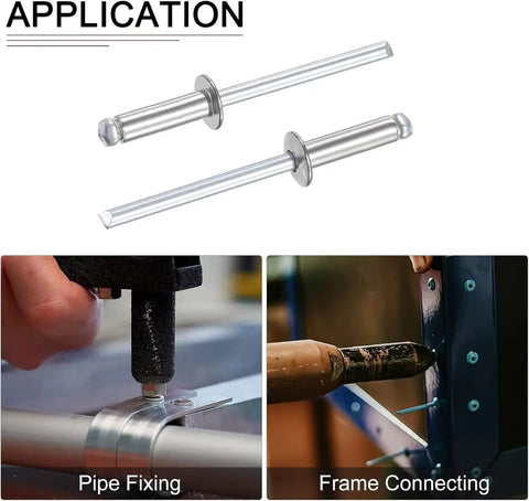 Aluminum Blind Rivets Silver Pop Rivet Kit 50 Pieces M5x13mm for DIY Projects shown in application for pipe fixing and frame connecting.