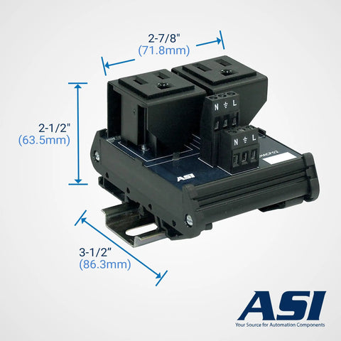 Front view of IMACP02 Duplex Three Prong Modular Outlet DIN Rail Mount AC Receptacle Black For 120V 15A NEMA 5 15P Power Plug In Industrial Electrical Panels And Control Cabinets.