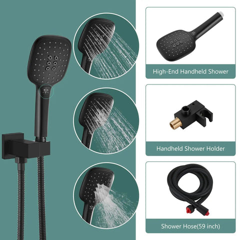 Dope Matte Black 10 Inch Square Rain Shower System with ABS Handheld Spray and Wall Mount Faucet Fixture