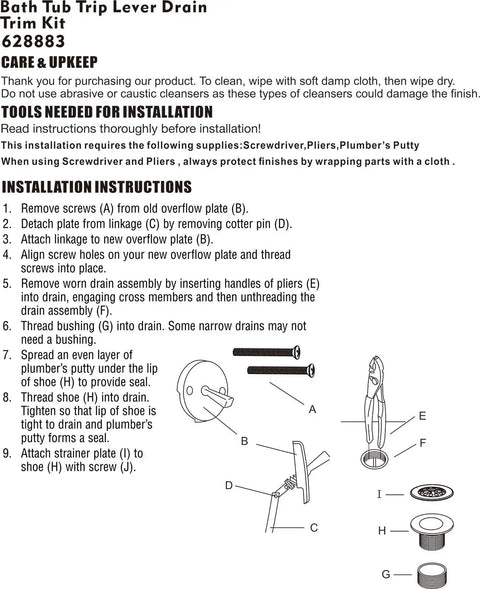 Installation instructions for Slick Brushed Nickel Trip Lever Tub Drain Trim Kit Set with overflow face plate and tools listed.