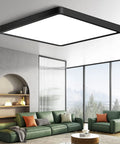 Living room with 12 Inch Square LED Ceiling Light 24W 5000K Daylight White, 3200 Lumens, Ultra Slim Flush Mount Black Dope Sleek Modern Minimalist Fixture