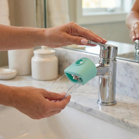 Toddler Faucet Extender 4 Pack Splash Free Sink Water Guide attached to a tap, enables easy handwashing for kids.