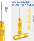 Gold chrome sharp pick needle, 3.06" length, part of Pro Grade Welding And Carb Cleaning Kit With 13 Cleaning Wire Sizes And Sharp Pick.