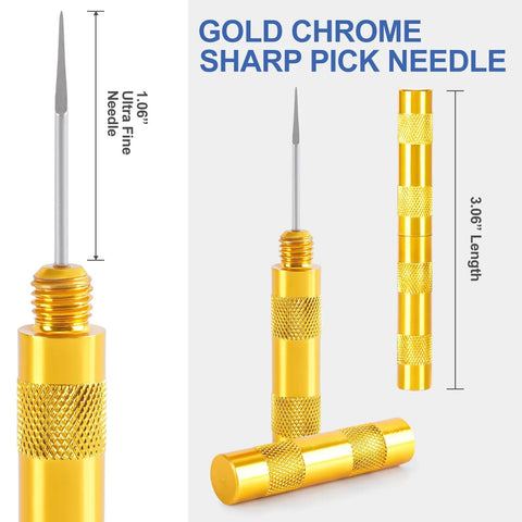 Gold chrome sharp pick needle, 3.06" length, part of Pro Grade Welding And Carb Cleaning Kit With 13 Cleaning Wire Sizes And Sharp Pick.