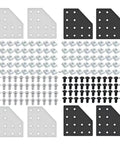 8 Piece Pro Grade T Corner Brackets For 2040 3060 Aluminum Extrusion Frame Building With Heavy Duty Nuts And Screws displayed with slotted plates and matching T nuts.
