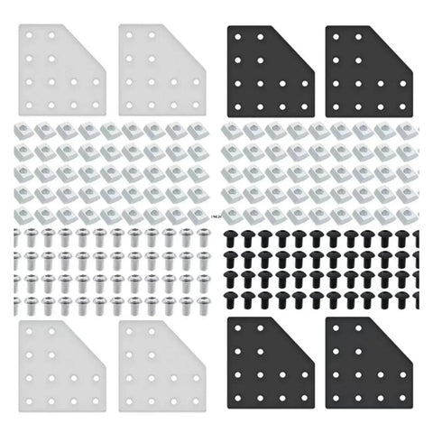 8 Piece Pro Grade T Corner Brackets For 2040 3060 Aluminum Extrusion Frame Building With Heavy Duty Nuts And Screws displayed with slotted plates and matching T nuts.
