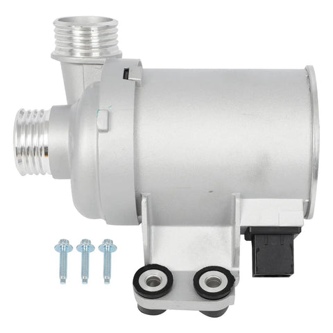 High Performance Electric Coolant Water Pump For Bmw X3 X5 And Volvo Xc90 Models 2.0L Turbo L4 Engines Hassle Free Bolt On Replacement Oem 31368419, silver, close-up view with bolts included.