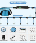 Image showing contents of Portable Outdoor Misting System With Rechargeable Pump 23 Feet Of Mist Tubing 6 Adjustable Nozzles 30L Foldable Water Bag No Faucet Needed Ideal For Patio Tent Canopy Backyard Umbrella And Camping including water pump, collapsible water bag, and accessories.