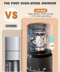 Close-up of Heck Yeah Rechargeable Coffee Grinder showcasing high-speed motor and ceramic burr for quick grinding.