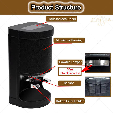 Solid Build Quality Automatic 58mm Electric Coffee Tamper For Espresso Machines, detailed view of touchscreen and aluminum housing.